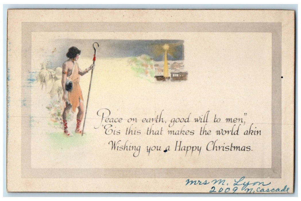 c1910's Christmas Woman And Sheep Religious Peace On Earth Antique Postcard