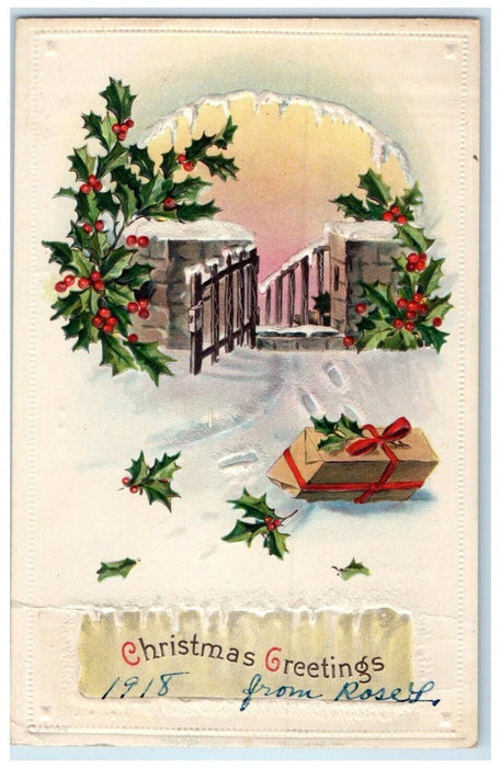 1918 Christmas Greetings Holly Berries Winter Chanute Kansas KS Antique Postcard