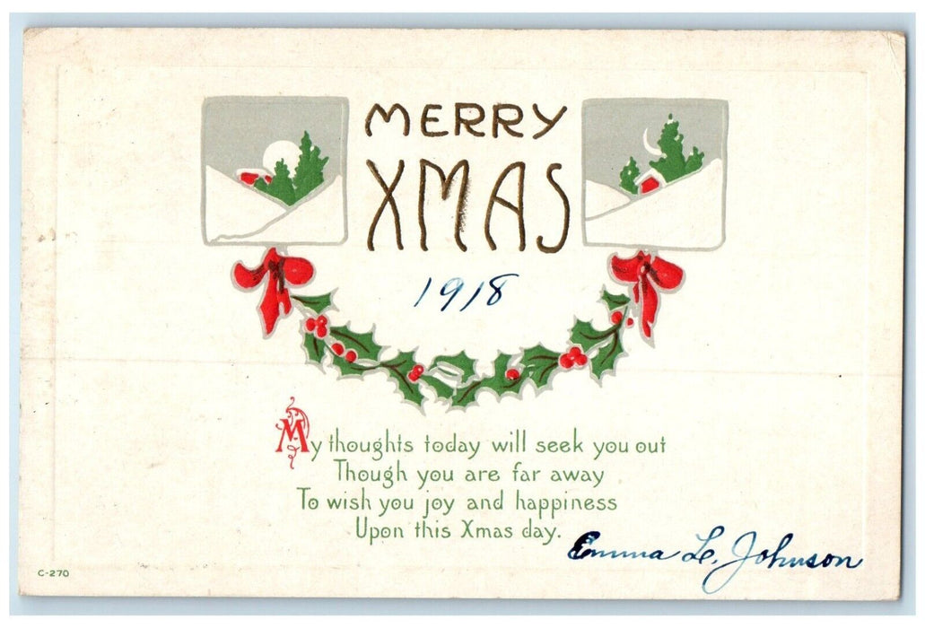 1918 Merry Christmas Holly Berries Embossed Garfield Kansas KS Embossed Postcard