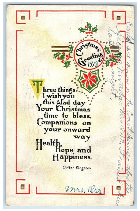 1918 Christmas Greetings Holly Berries Clifton Bingham Garfield KS Postcard