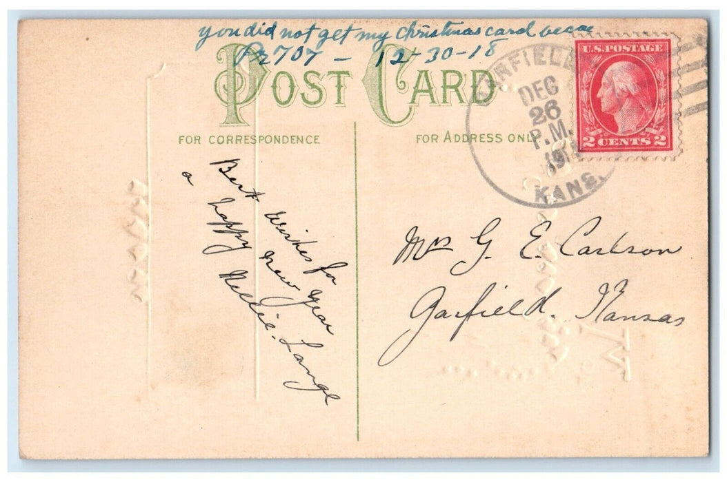 1918 Christmas Message House Field Embossed Garfield Kansas KS Antique Postcard