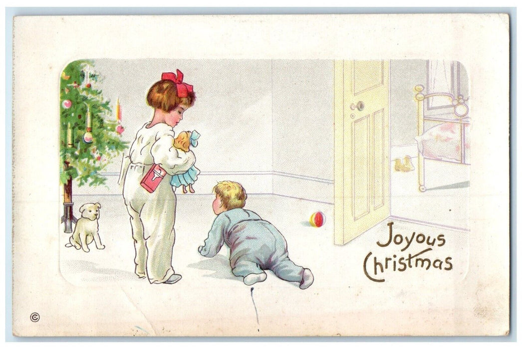 c1910's Christmas Tree Little Boy Crawling Dog Toy Embossed Antique Postcard