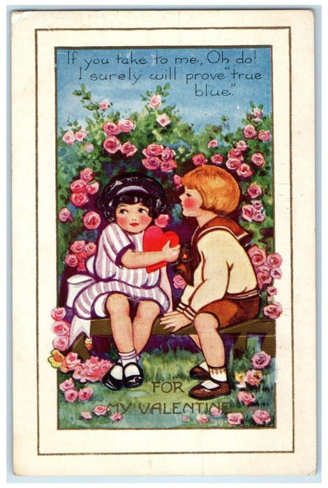 1914 Valentine Little Sweetheart Heart Roses Flowers Embossed Antique Postcard