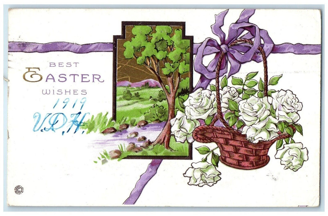 1919 Easter Wishes Flowers In Basket Embossed Mount Clemens Michigan MI Postcard