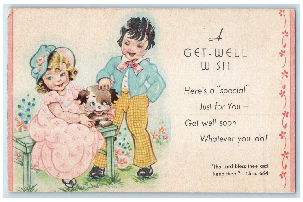 c1910's A Get Well Wish Girls And Dog Sat On Bench Unposted Antique Postcard
