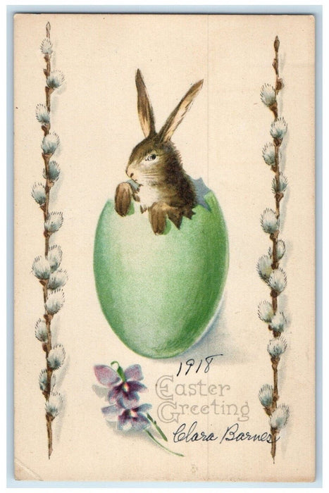 1919 Easter Greetings Rabbit Hatched Egg Pipe Berry Gibson Garfield KS Postcard