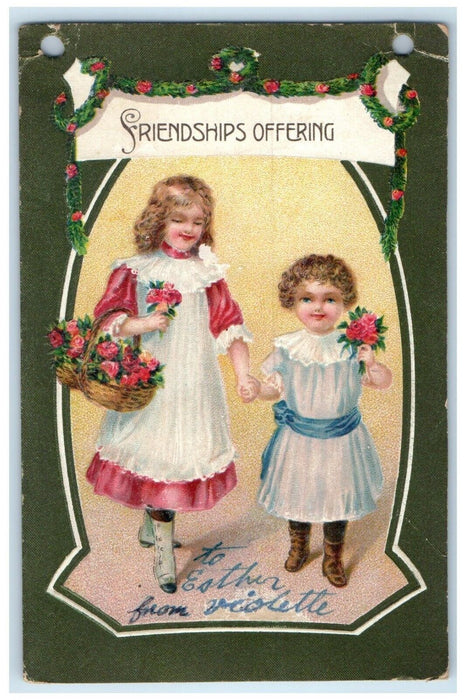 c1910's Friendship Offering Girls With Flowers In Basket Embossed Postcard