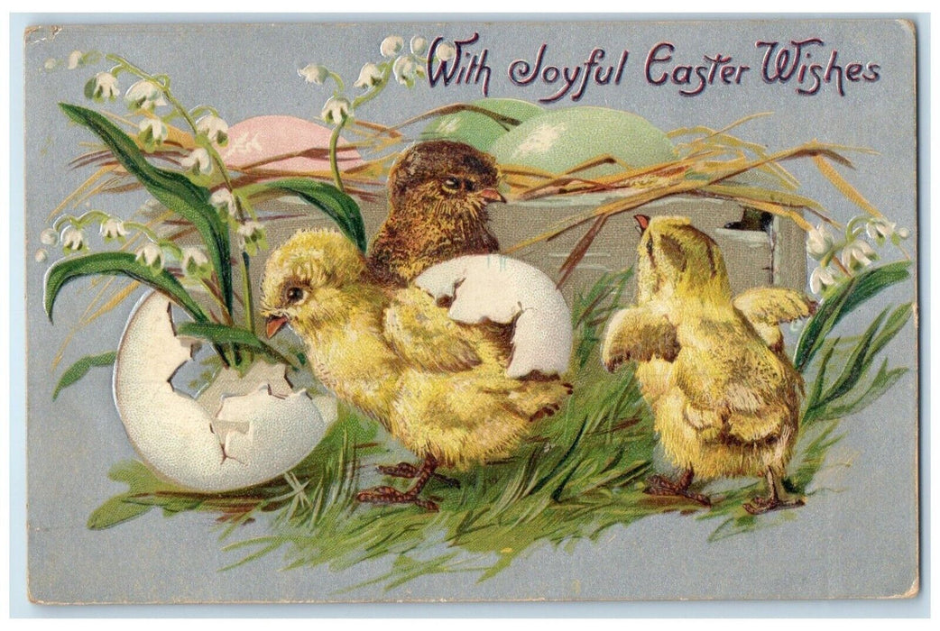 c1910's Easter Wishes Hatched Egg Chicks Flowers Garfield KS Tuck's Postcard