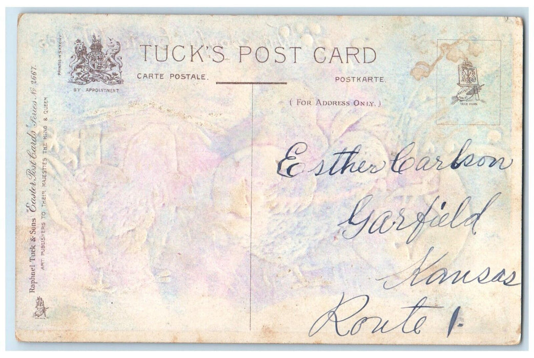 c1910's Easter Wishes Hatched Egg Chicks Flowers Garfield KS Tuck's Postcard