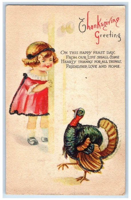 c1910's Thanksgiving Greetings Little Girl Turkey Glitter Antique Postcard
