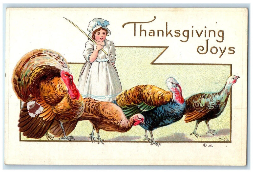 c1910's Thanksgiving Woman Grazing Turkey Nash Embossed Antique Postcard