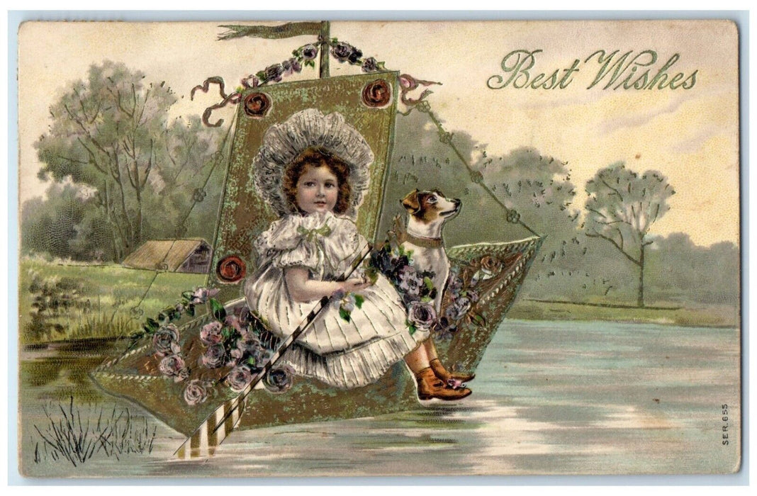 1909 Best Wishes Pretty Little Girl Terrier Dog Canoeing Cochecton NY Postcard
