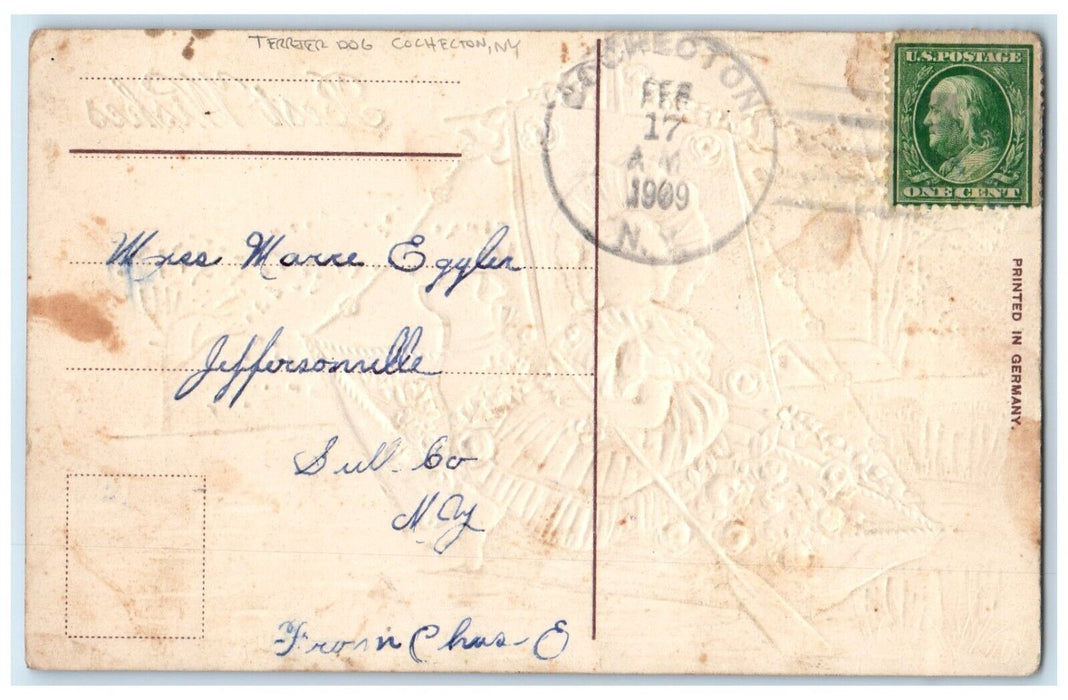 1909 Best Wishes Pretty Little Girl Terrier Dog Canoeing Cochecton NY Postcard
