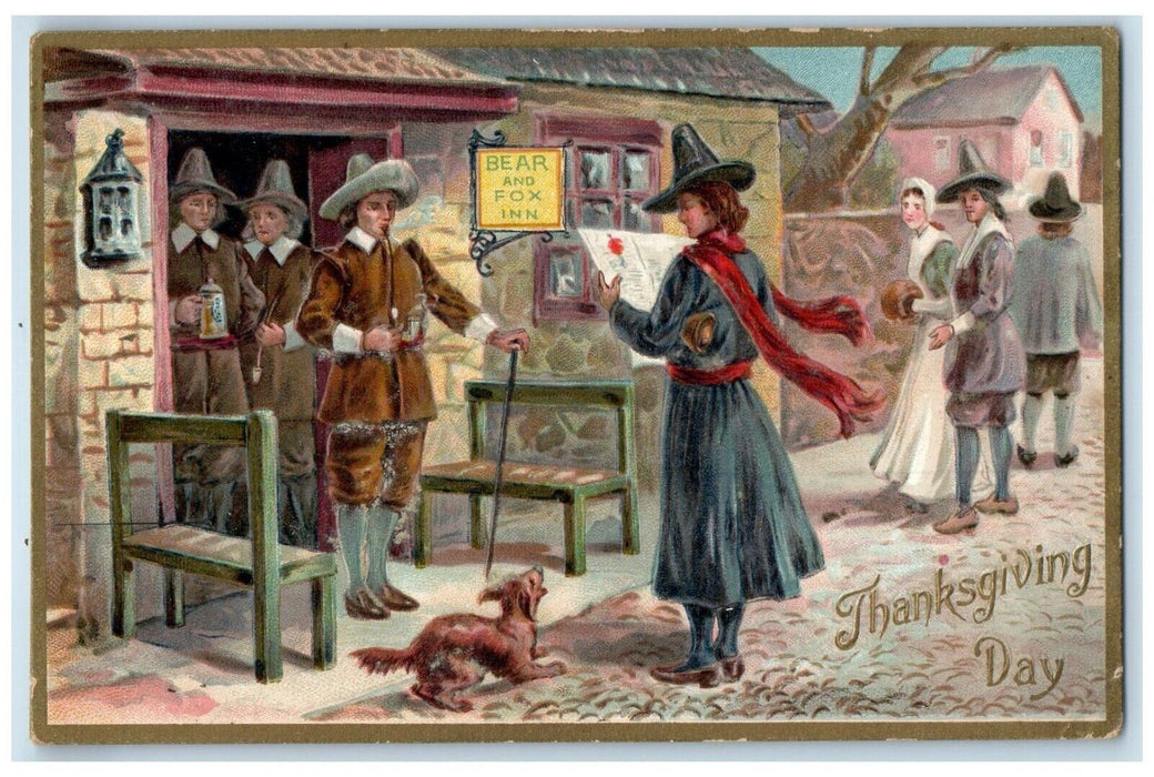 c1910's Thanksgiving Bear And Fox Inn Dog Embossed Tuck's Antique Postcard