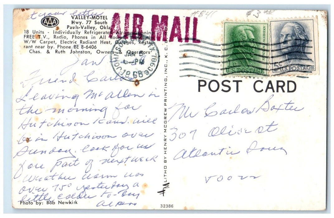 1968 Valley Motel Roadside Pauls Valley Oklahoma OK, Johnson City TX Postcard