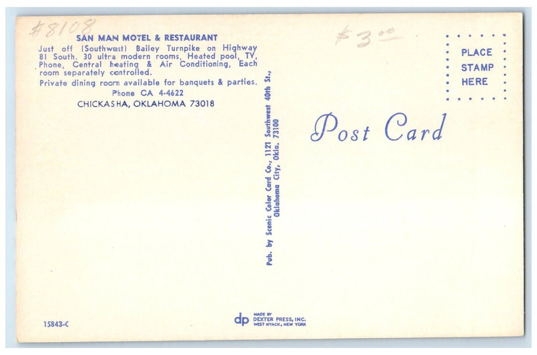 c1950's San Man Motel & Restaurant Chickasha Oklahoma OK Dual View Postcard