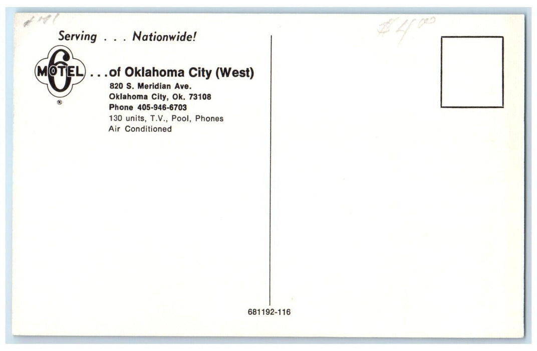 c1950's Motel 6 Of Oklahoma City Oklahoma OK, Pool Cars Scene Vintage Postcard