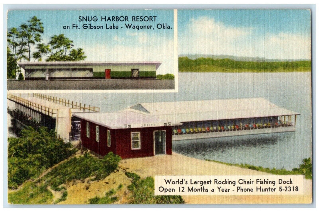 Snug Harbor Resort Rocking Chair Fishing Dock Wagoner Oklahoma OK Postcard