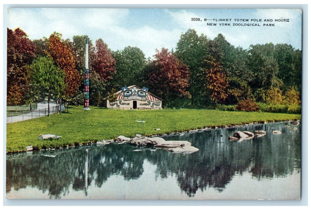 c1910's Tlinket Totem Pole And House New York Zoological Park Antique Postcard
