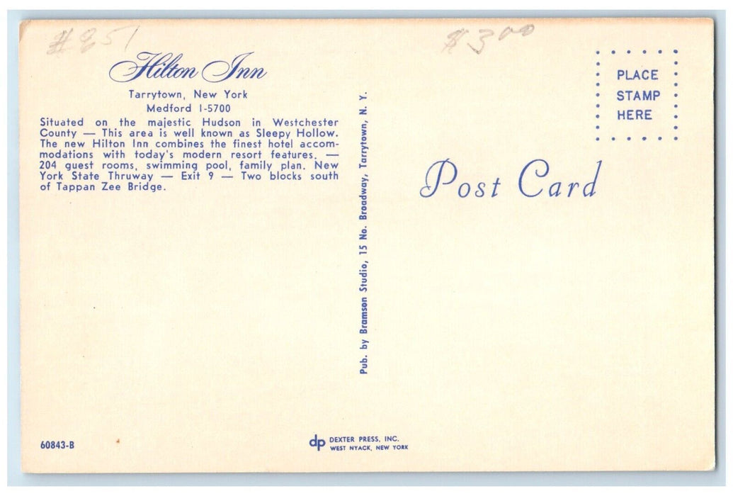c1950's Hilton Inn Motel Water Fountain Tarrytown New York NY Dual View Postcard