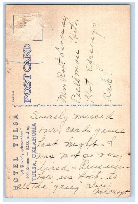 c1940's Hotel Tulsa Building Night View Tulsa Oklahoma OK Vintage Postcard