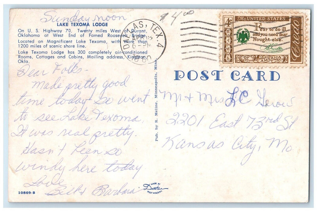 1960 Lake Texoma Lodge Durant Oklahoma OK, Dallas TX Dual View Vintage Postcard