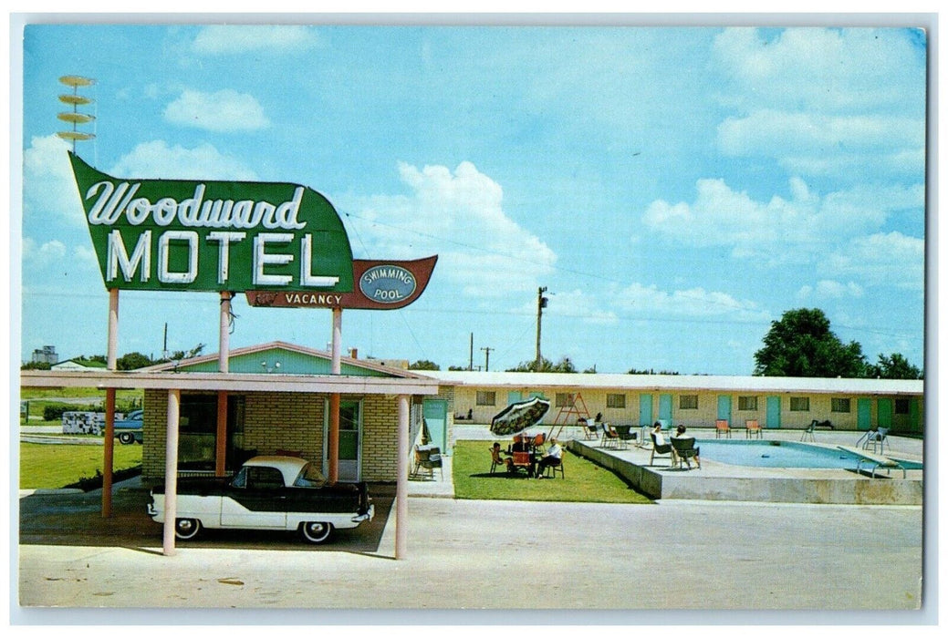 c1960's Woodward Motel Swimming Pool Car Woodward Oklahoma OK Vintage Postcard