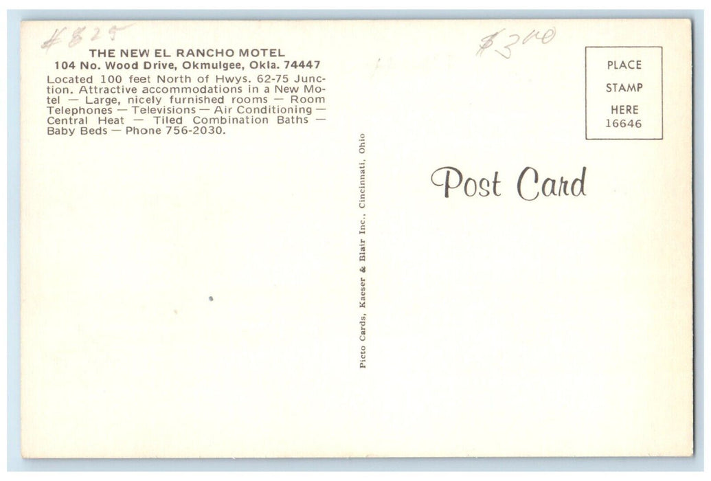 c1950's El Rancho Motel Cars Roadside Okmulgee Oklahoma OK Vintage Postcard