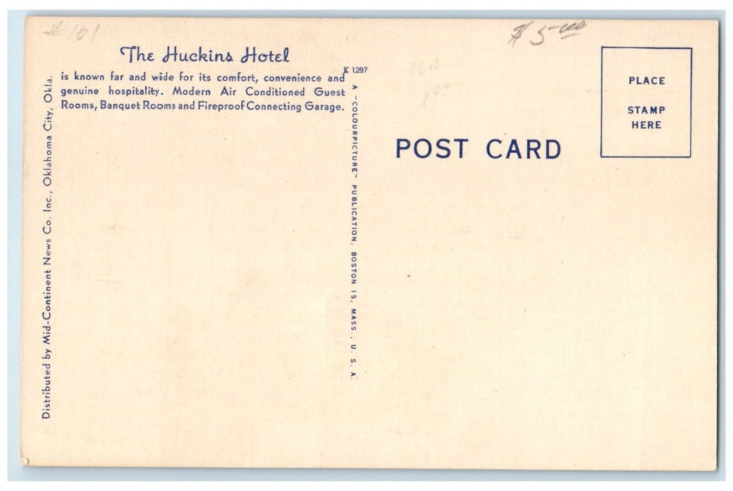 c1940's The Huckins Hotel Building Cars Oklahoma City Oklahoma OK Postcard
