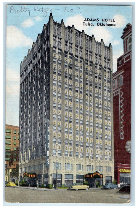 c1950's Adams Hotel Building Garage Cars Tulsa Oklahoma OK Vintage Postcard