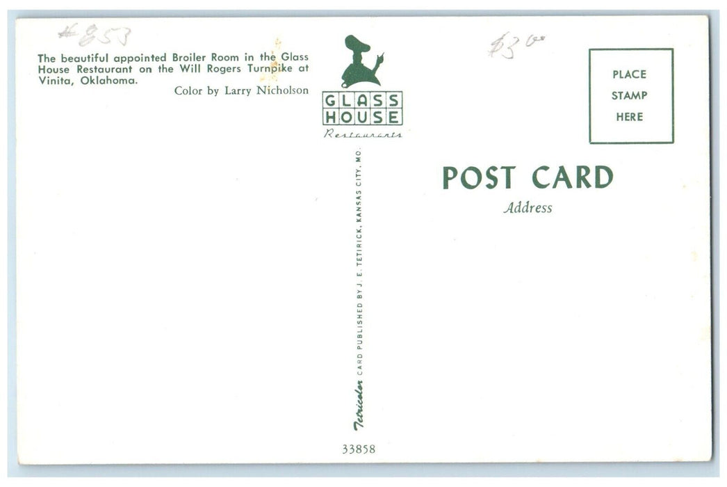 c1950's Glass House Restaurant Dining Room Vinita Oklahoma OK Vintage Postcard