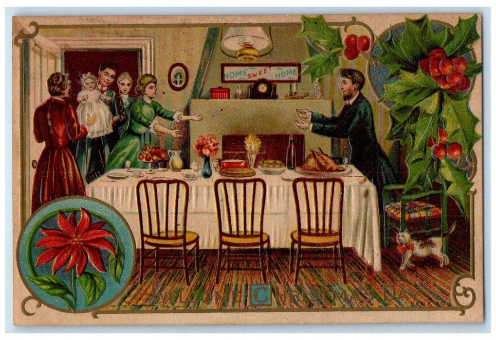 1911 Christmas Home Sweet Home Berries Poinsettia Flower Liberty NJ Postcard