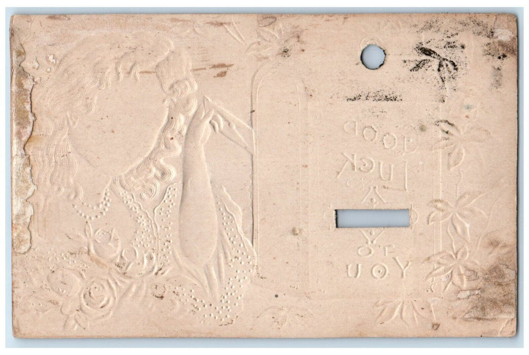c1905 Pretty Woman Dropping Letter Mailbox Goodluck Embossed Antique Postcard