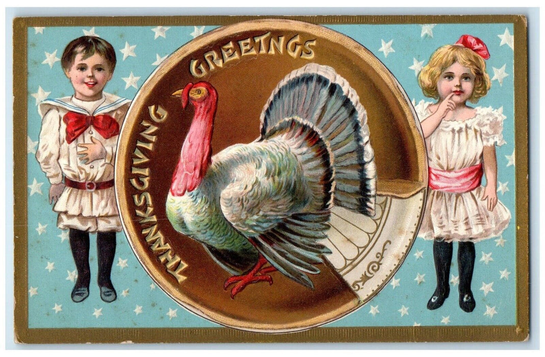 c1910's Thanksgiving Greetings Turkey And Children Embossed Antique Postcard