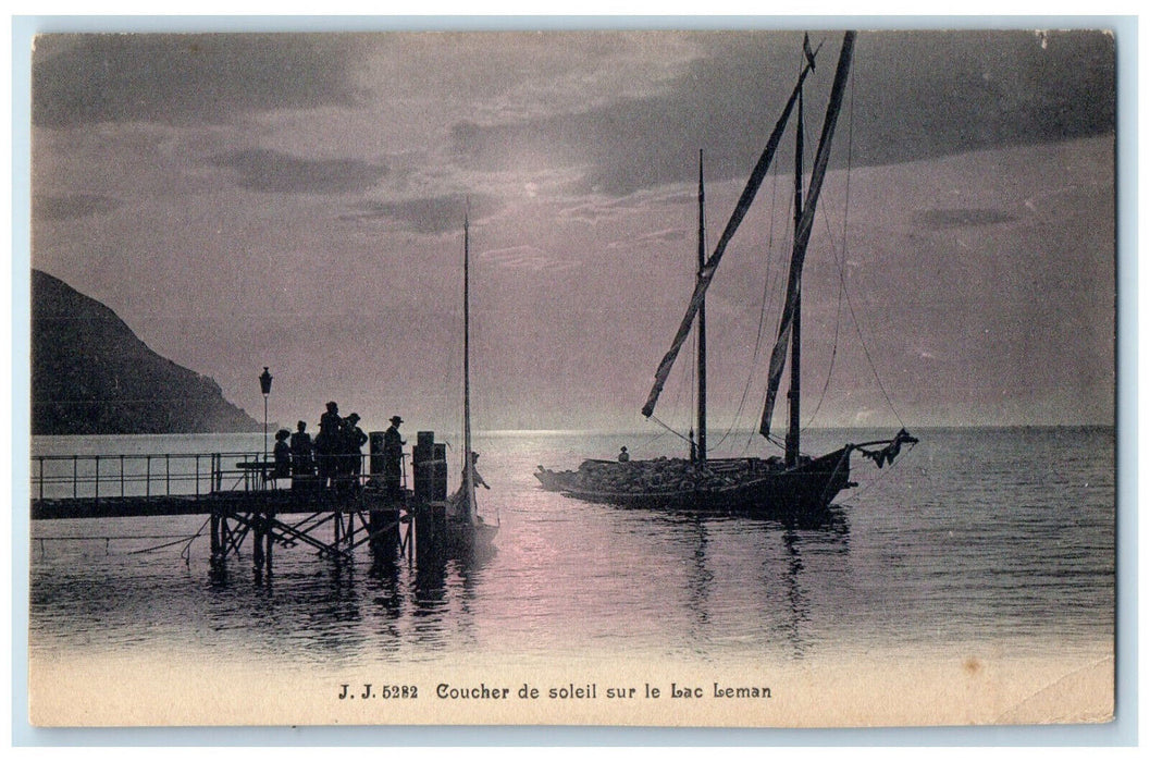 c1940's Scene of Boat Landing Sunset Over Lake Geneva Switzerland Postcard
