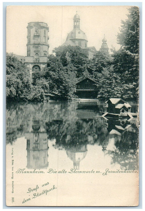 c1905 The Old Observatory with the Jesuit Church in Mannheim Germany Postcard