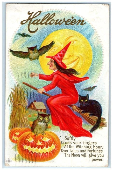 1912 Halloween New Witch Black Cat Owl Anthropomorphic Moon Embossed Postcard