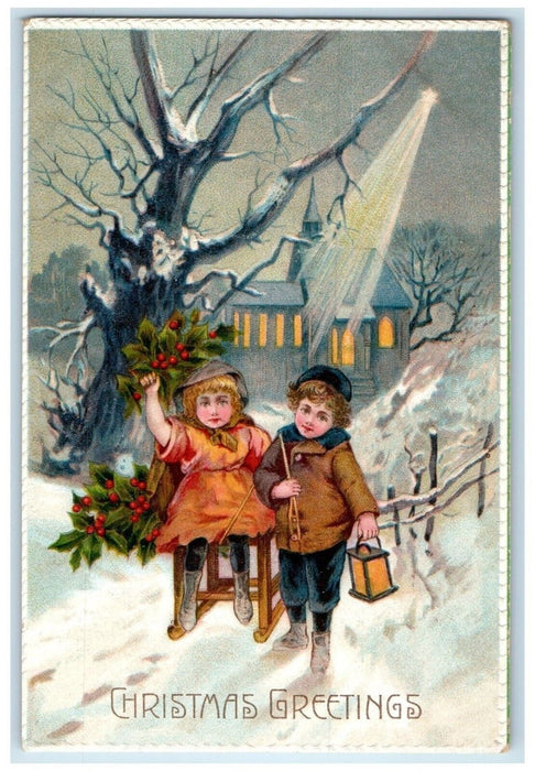 c1910's Christmas Greetings Children In Winter Berries Lamp Embossed Postcard