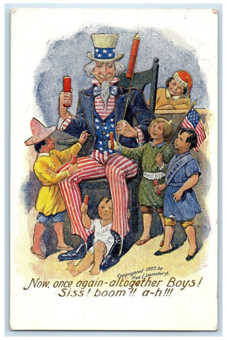 c1910's Uncle Sam 4th July Guam Cuba Hawaii Political Philippines Postcard