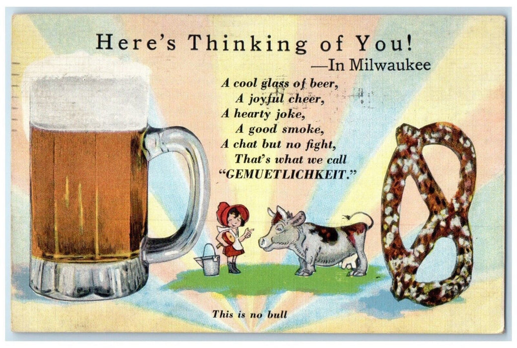 1934 Beer Pretzel This Is No Bull Milwaukee Wisconsin WI Vintage Postcard