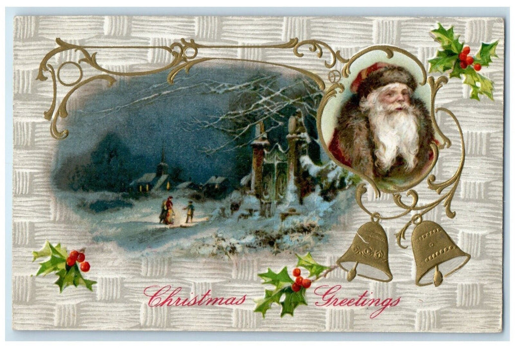 1908 Christmas Greetings Santa Claus Bells Winsch Back Hobart Mine CA Postcard