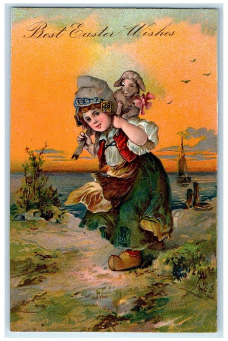 c1910's Easter Dutch Woman Carrying Lamb Boat Embossed Hobart Mills CA Postcard