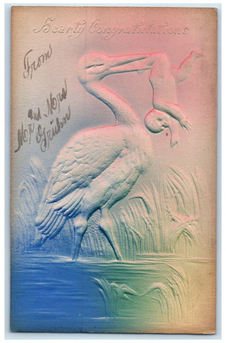 1908 Hearty Congratulations Stork Baby Airbrushed Liberty NY Antique Postcard