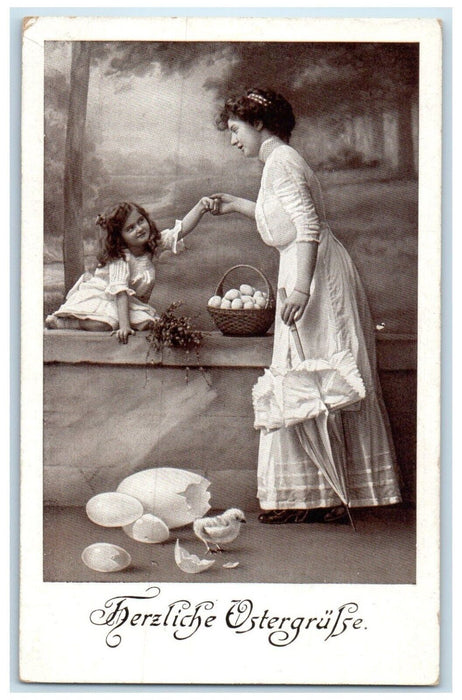 c1910's Easter Mother And Daughter Hatched Egg Basket Germany Antique Postcard