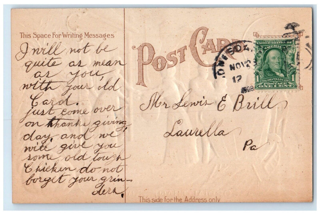 c1910's Thanksgiving Cordial Turkey Embossed Laurella Pennsylvania PA Postcard