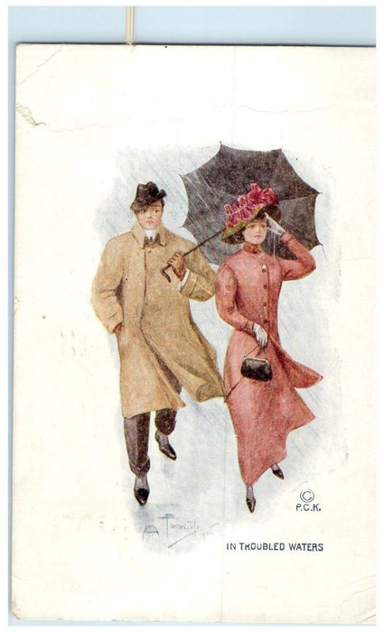 1911 Woman Umbrella In Troubled Waters Oakland California CA Antique Postcard