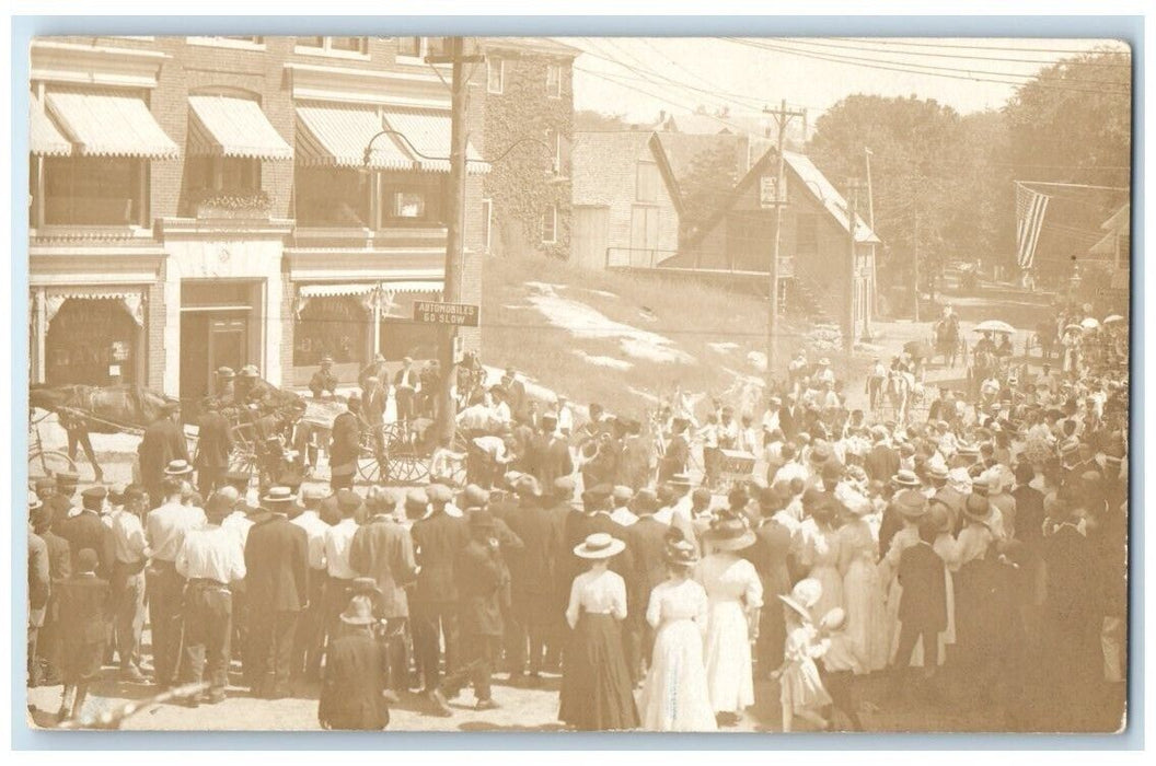 c1910's Main Street Parade Horse Wagon Men Women Children ME RPPC Photo Postcard