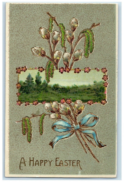 c1910's Easter Pipe Berry Cattail Embossed Gel Gold Gilt Posted Antique Postcard