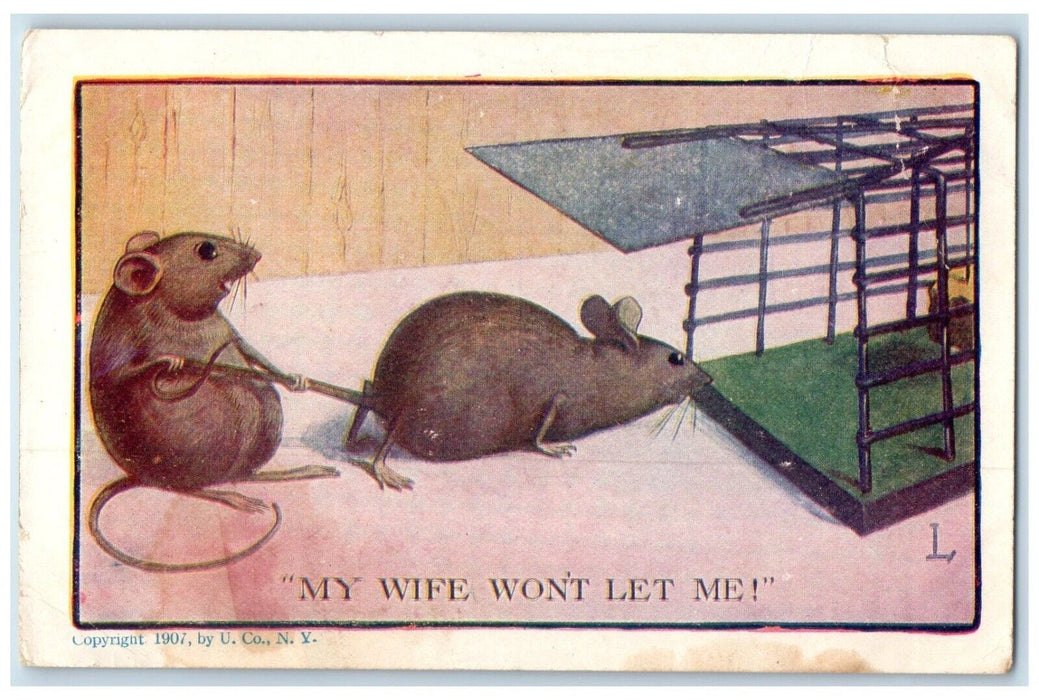 c1910's Rat Mouse Trapped Cage My Wife Won't Let Me Posted Antique Postcard