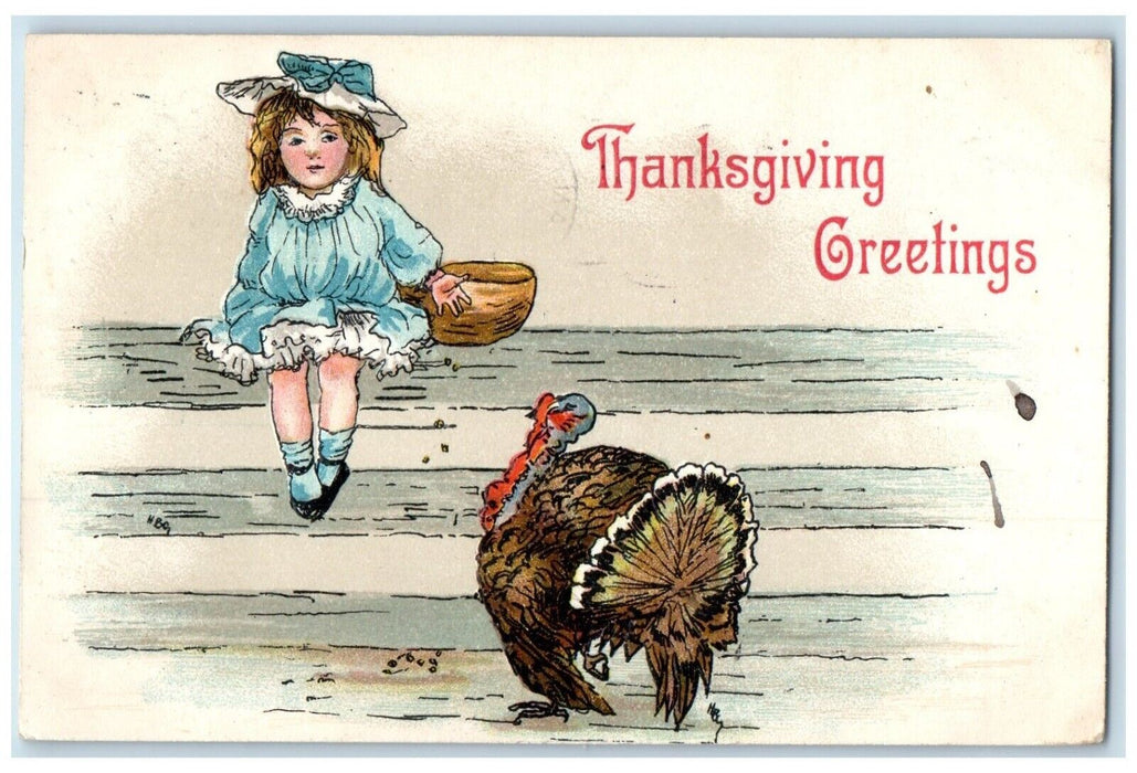 1908 Thanksgiving Greetings Girl Sat On Fence Turkey San Francisco CA Postcard